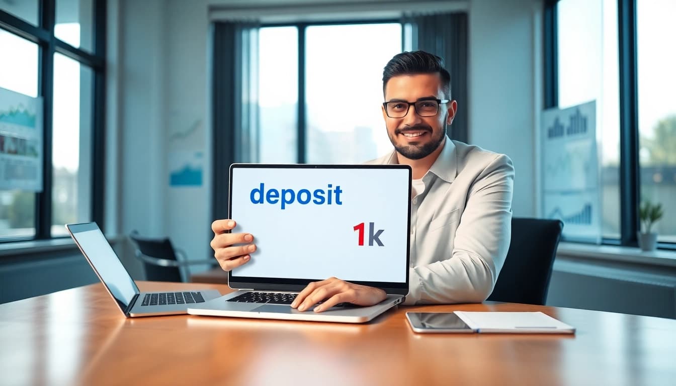 Mengelola deposit 1k dengan ahli keuangan di kantor modern, menyoroti grafik keuangan.
