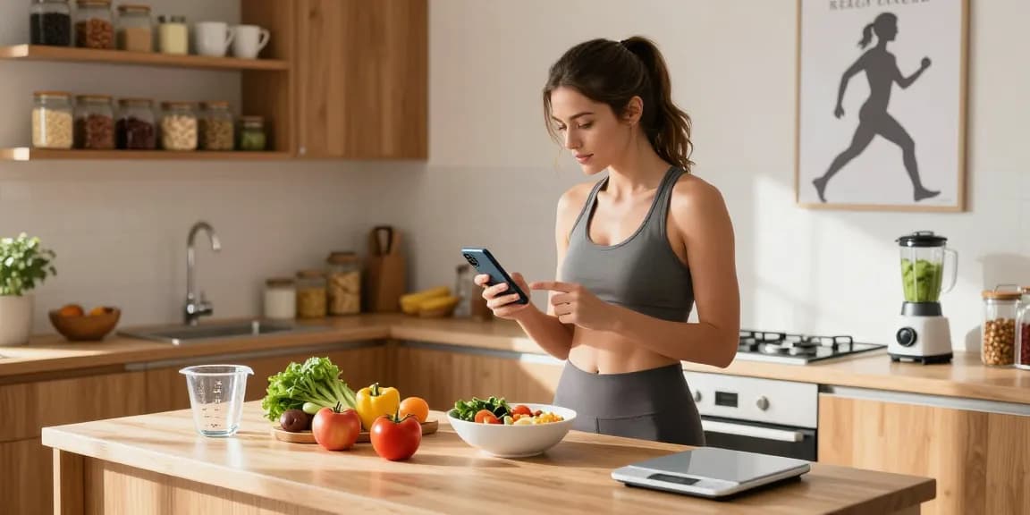 Engaged user tracking calories with the best calorie tracker app in a modern kitchen.