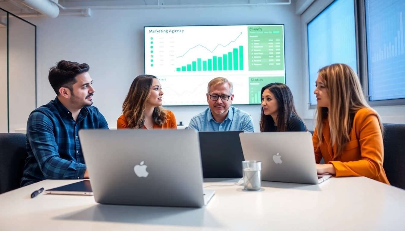 Visualize a marketing agency team strategizing with dynamic analytics in a modern workspace.