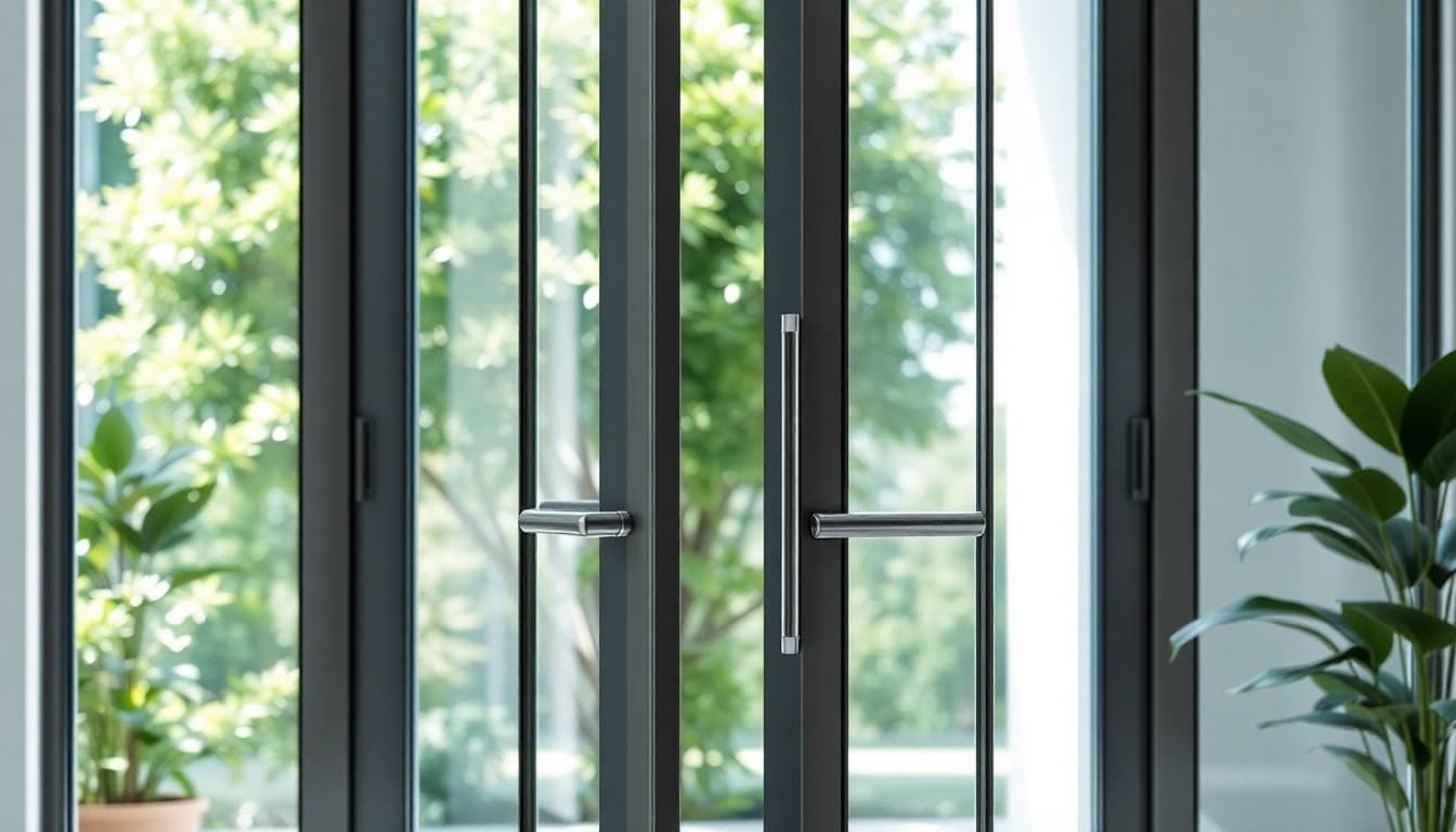 Admire the stylish single leaf double swing door with sleek glass panels that enhance modern entryways.