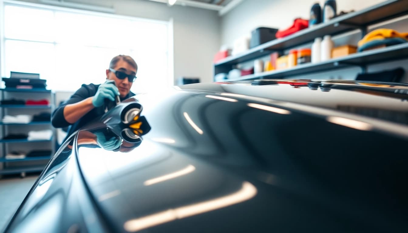 Applying ceramic coating near me, showcasing a professional car detailing service with a glossy finish.
