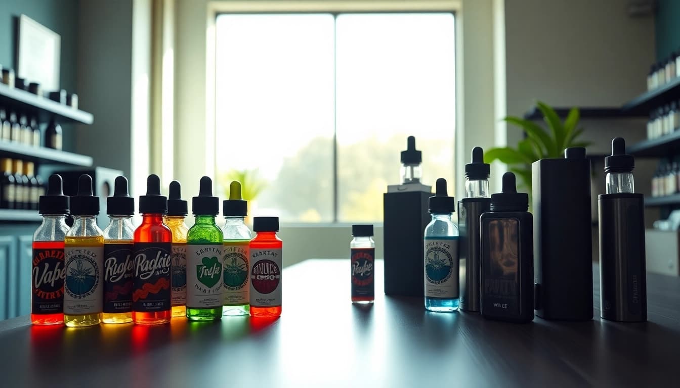 Showcasing a variety of products at Vape Juice Depot, highlighting vibrant vape juice bottles and hardware.
