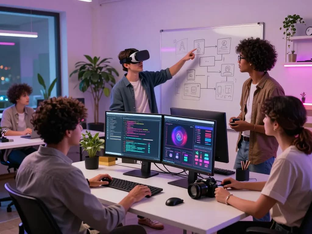 Innovative workspace showcasing sex AI app collaboration with diverse young adults developing wellness technology.