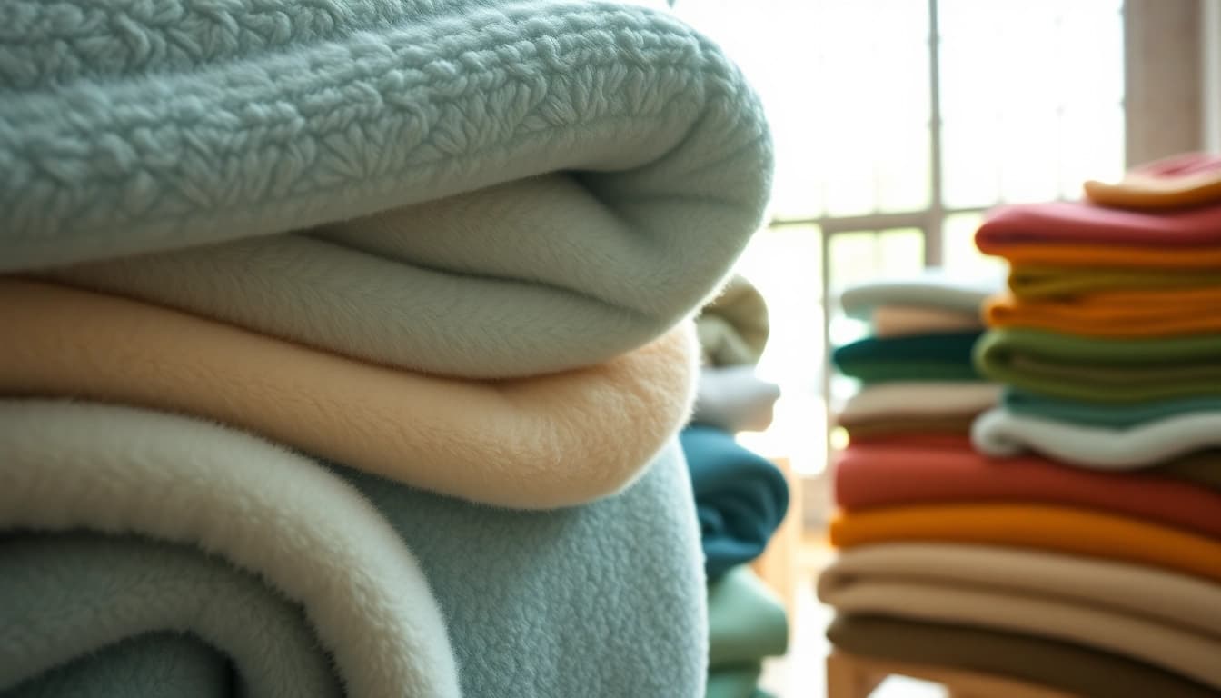 Fleece stof met zachte textuur in een atelier waar verschillende kleuren fleece zijn uitgestald.