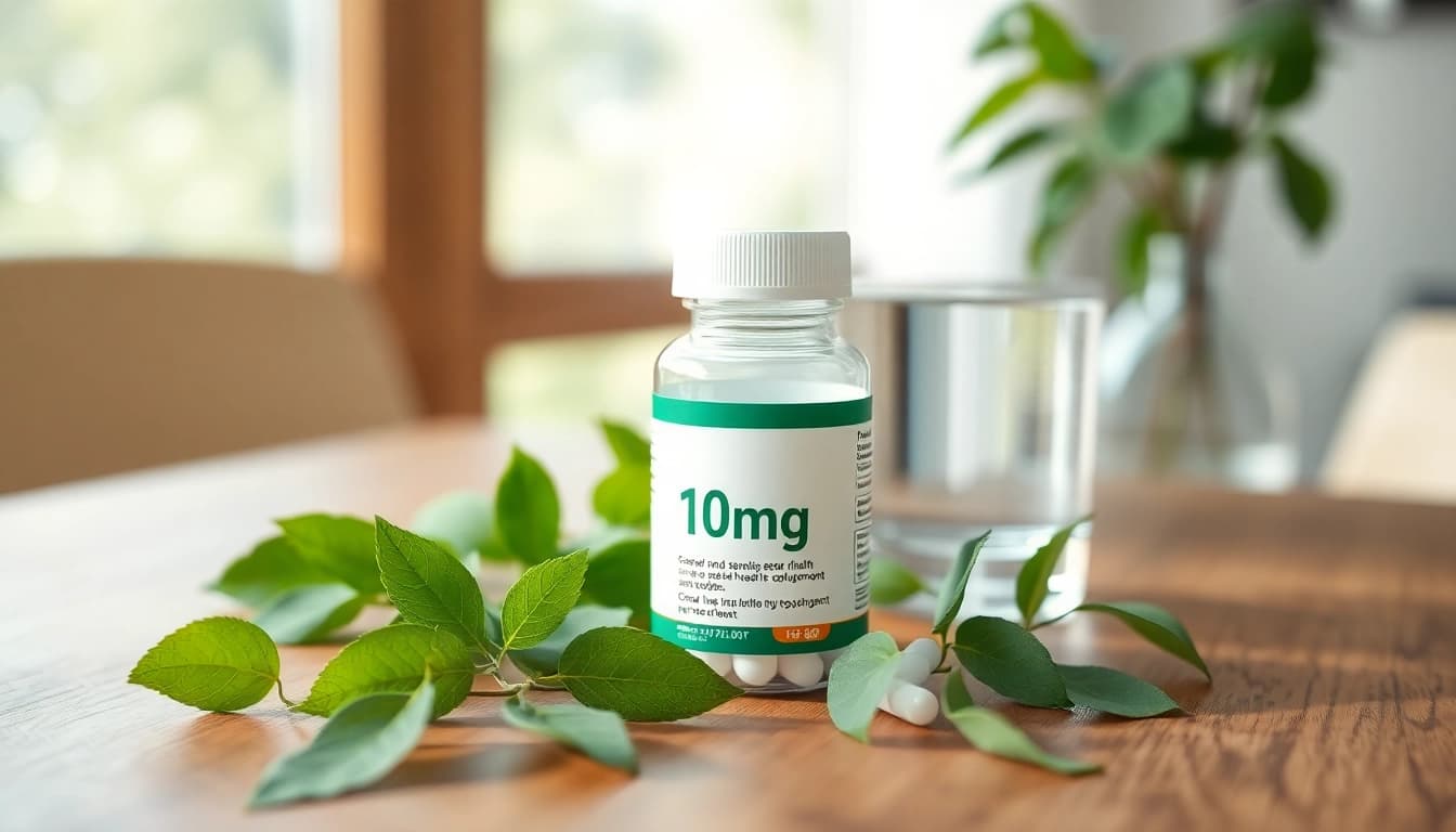 新鮮な葉と水のあるテーブルの上に置かれたエクオール 10mg サプリのおすすめ、健康を象徴する写真。