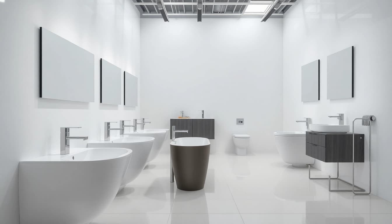 Präsentation der sonni sanitär Produkte mit innovativem Design in modernem Badezimmer.