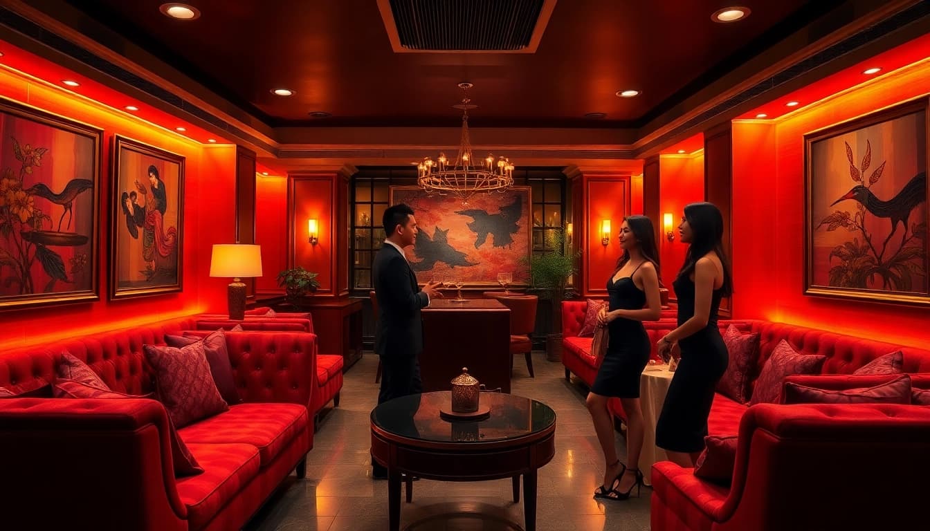 Singapore escort lounge with luxury decor, inviting atmosphere, diverse models in conversation.