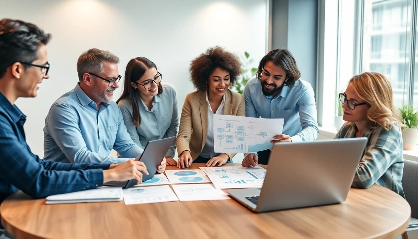 Engaging professional team discussing as AI integration service provider in the office setting.