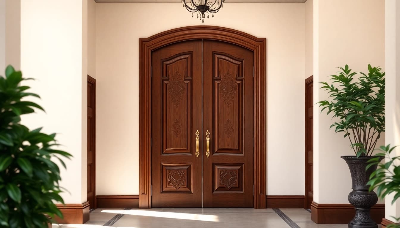 Install a single leaf double swing door in a beautiful entryway with natural lighting and greenery.