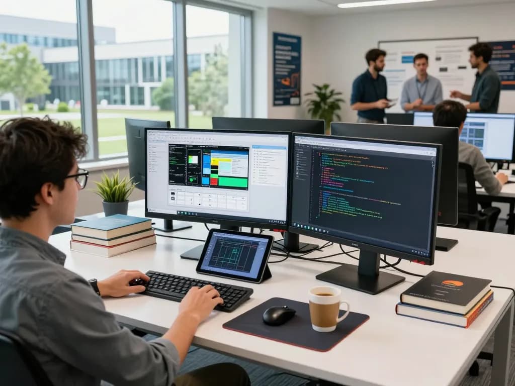 Innovative Siemens software development workspace showcasing engineers collaborating with technology.