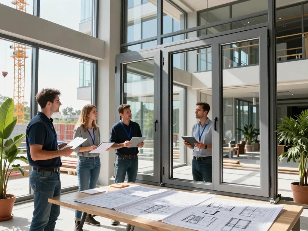 Präsentation von fenster schüco Aluminiumfenstern mit Fachleuten, die Designs auf einer modernen Baustelle inspizieren.