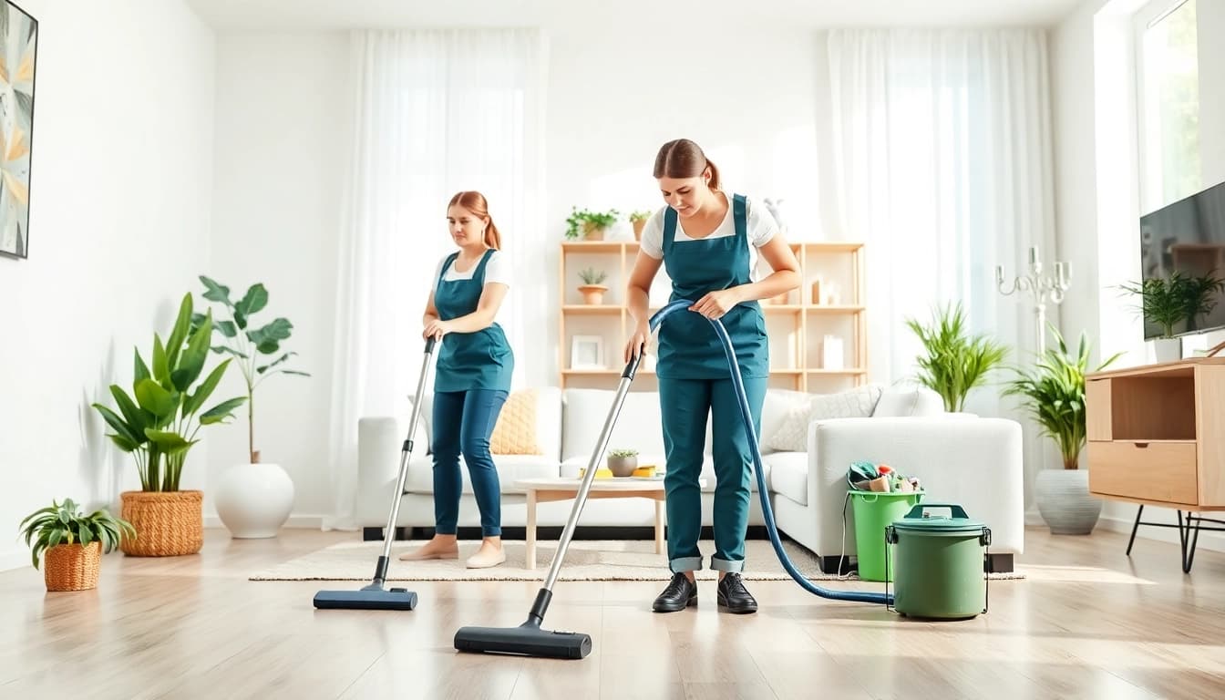 Cleaning Service professionals tidying a bright, modern living room for a spotless result.