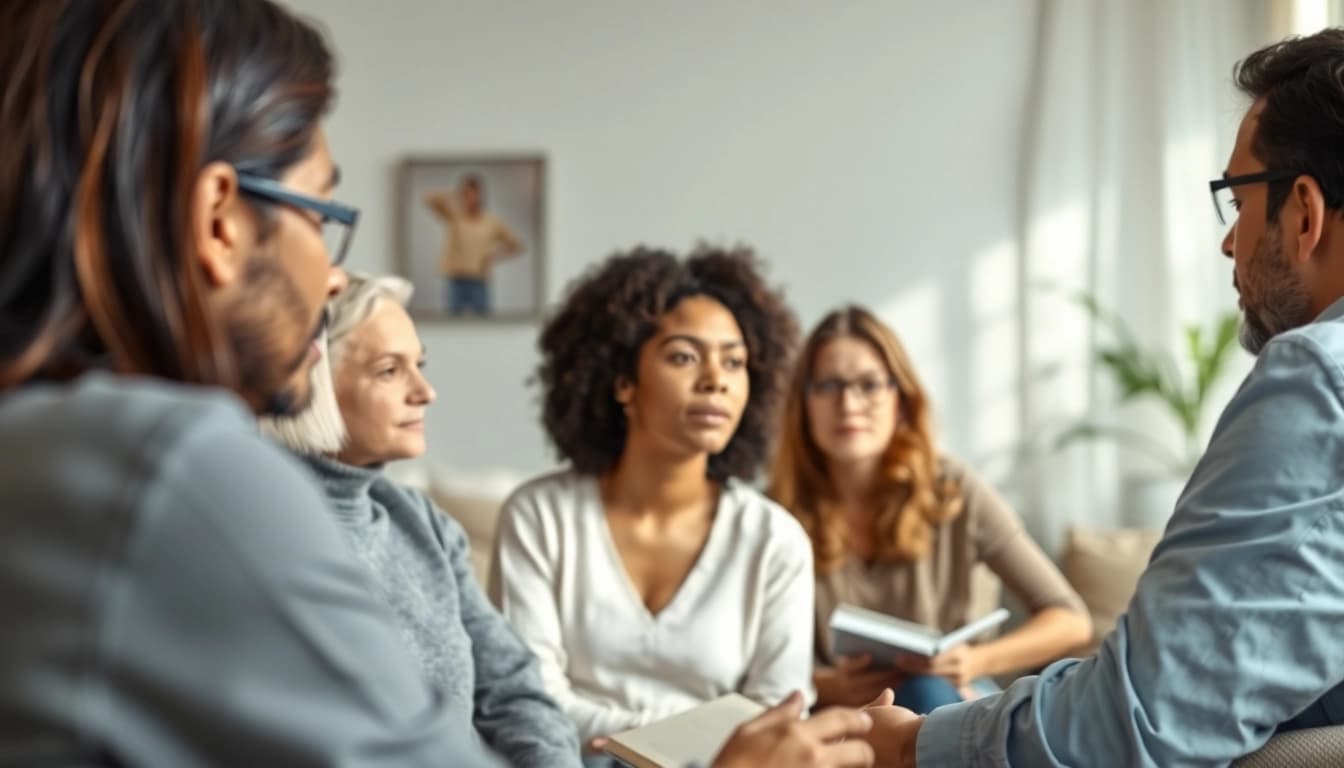 Anxiety symptoms illustrated through a therapist's warm interaction with a diverse group.