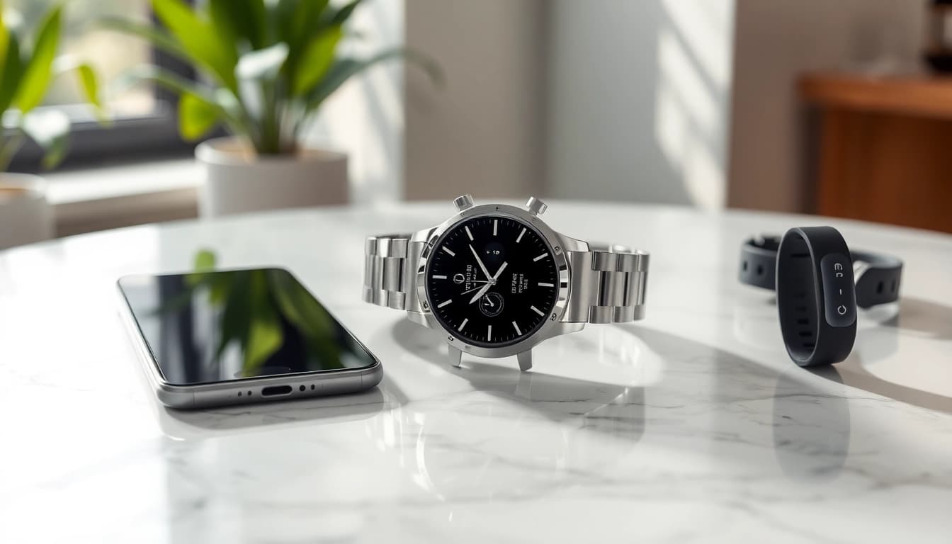 Showcasing a Pulse Smart Watch on a marble surface highlighting its luxurious design.