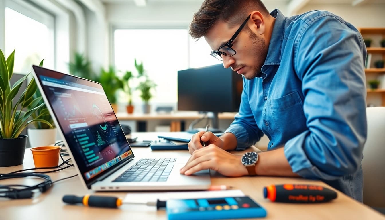 Technician providing quality computer service with diagnostic tools and equipment in a bright office.