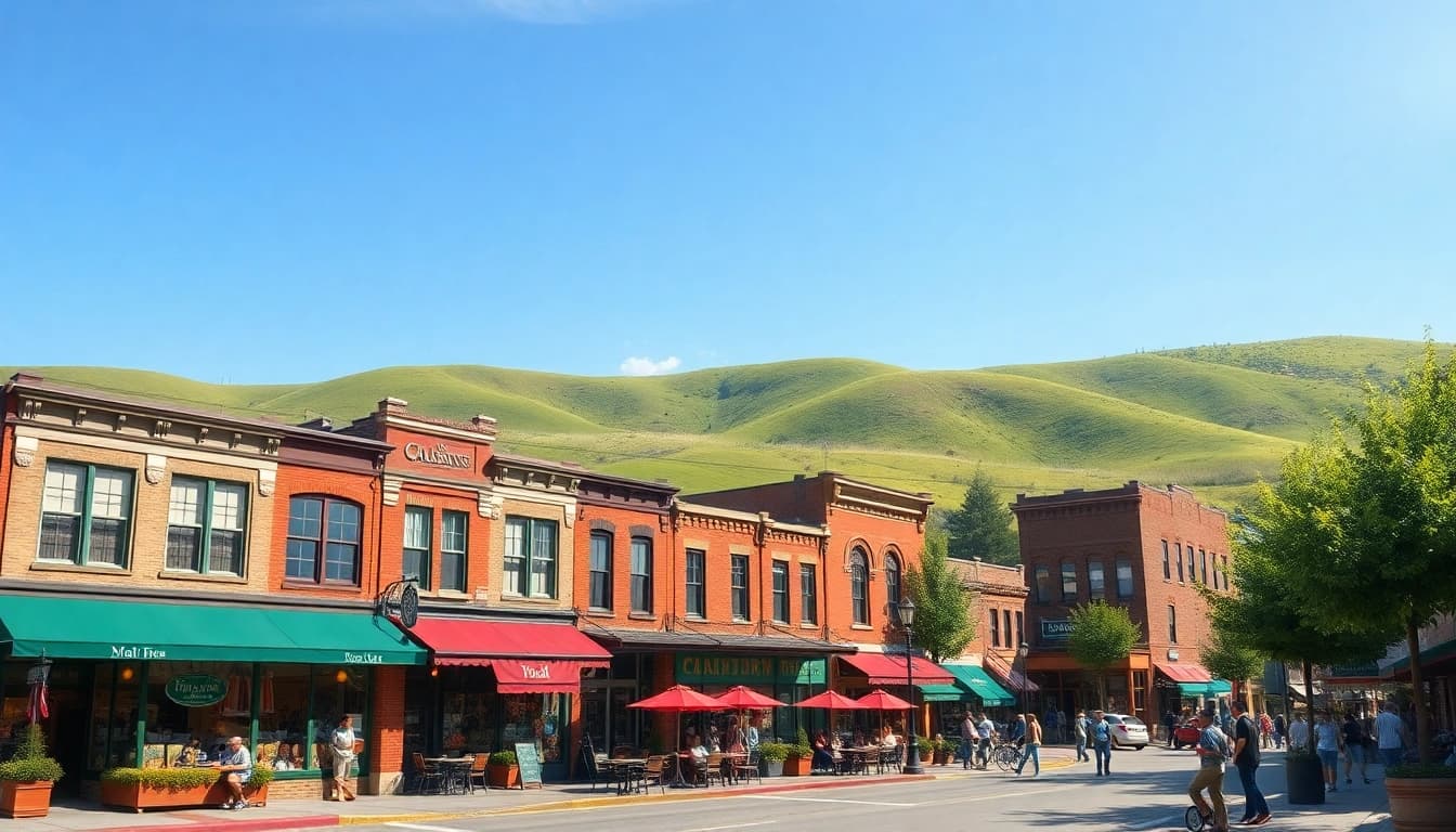 Clarksburg's vibrant downtown scene with historic buildings and lively outdoor activities.