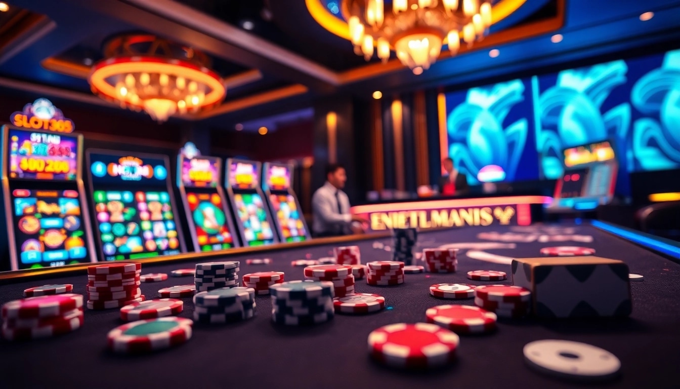 Engaging gaming scene representing slot365 đăng nhập with vibrant slot machines and professional dealers.