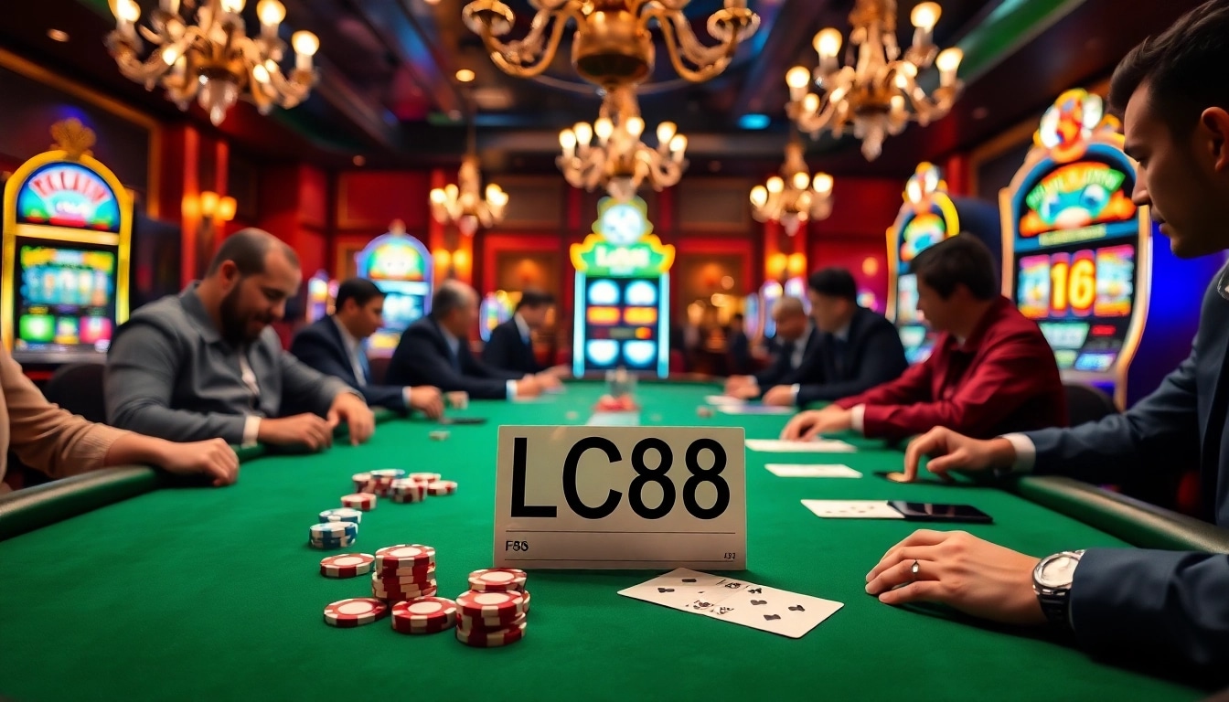 Gambling excitement at a luxurious casino featuring poker, chips, and the keyword LC88 prominently displayed.