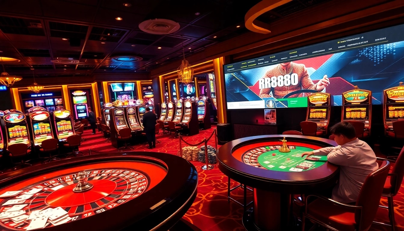 Exciting casino action showcasing players at https://rr88co.net/ with roulette, slot machines, and poker chips.