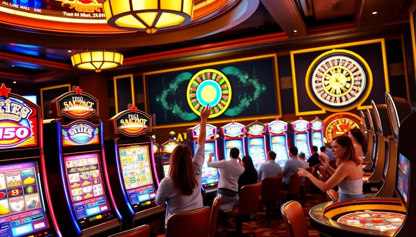 Para pemain berinteraksi dengan mesin slot, merayakan kemenangan dan memperlihatkan keseruan Slot Depo 1K.