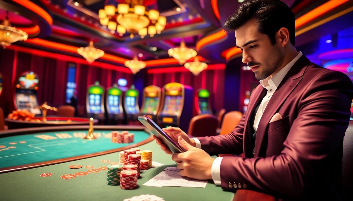 Login to your casino account while placing bets at a vibrant poker table with colorful chips.