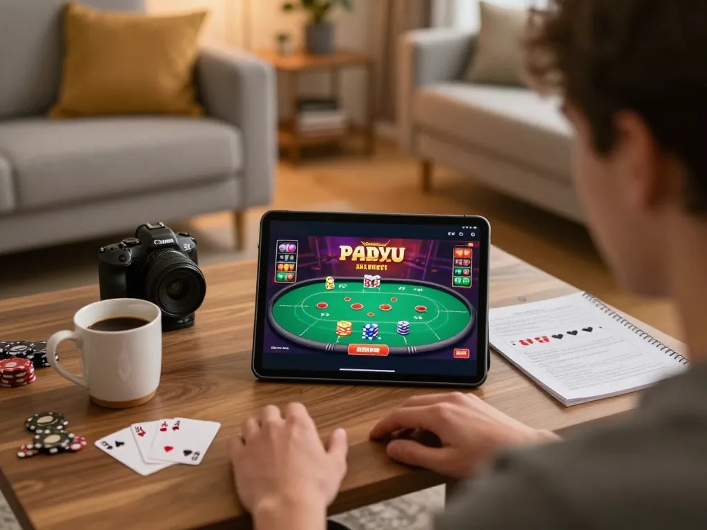 Player enjoying TG88 online casino games on a tablet, showcasing engagement in vibrant gaming interface.