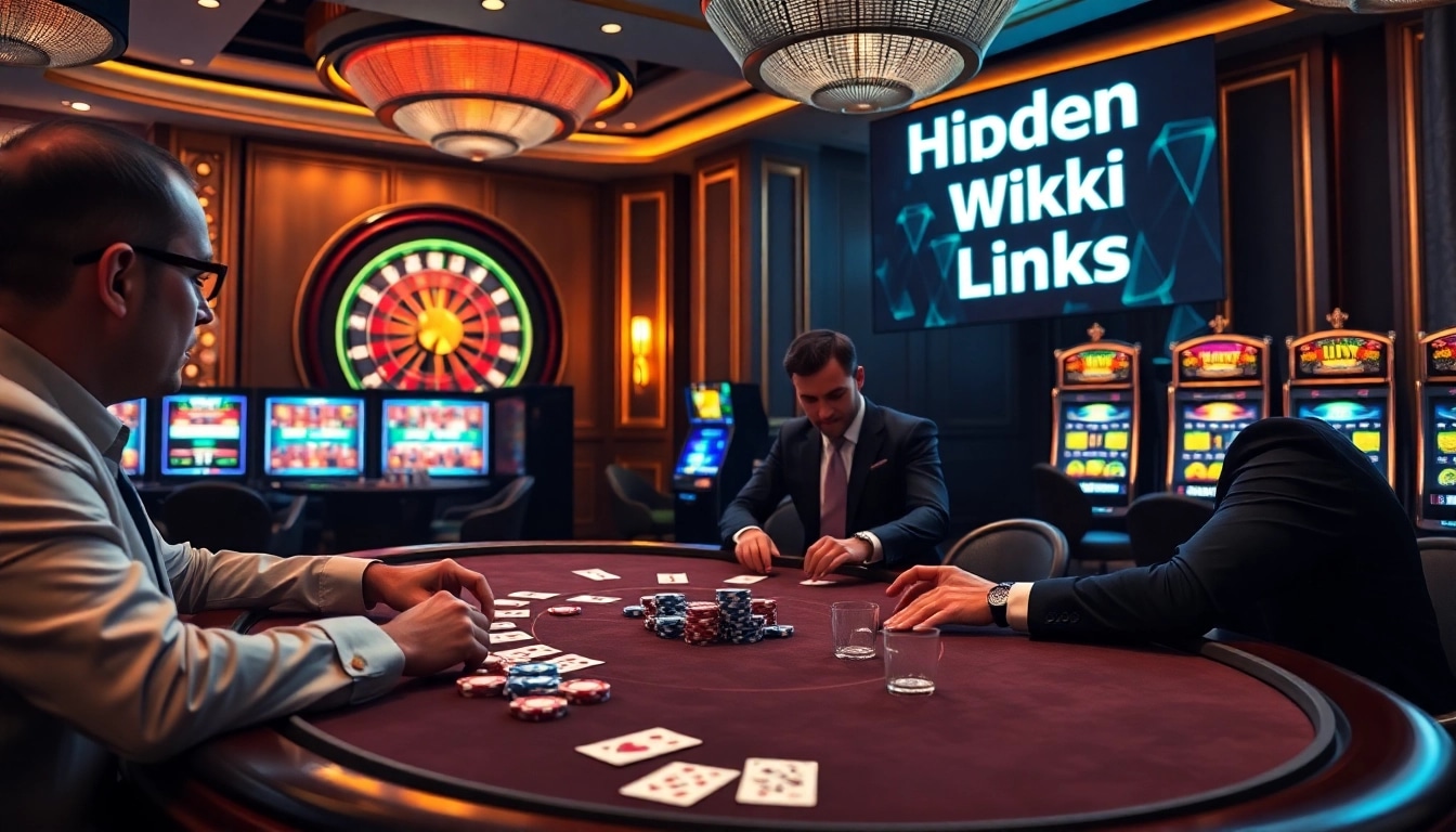 An engaging poker game scene highlighting hidden wiki links with vibrant poker chips and cards in an upscale casino.