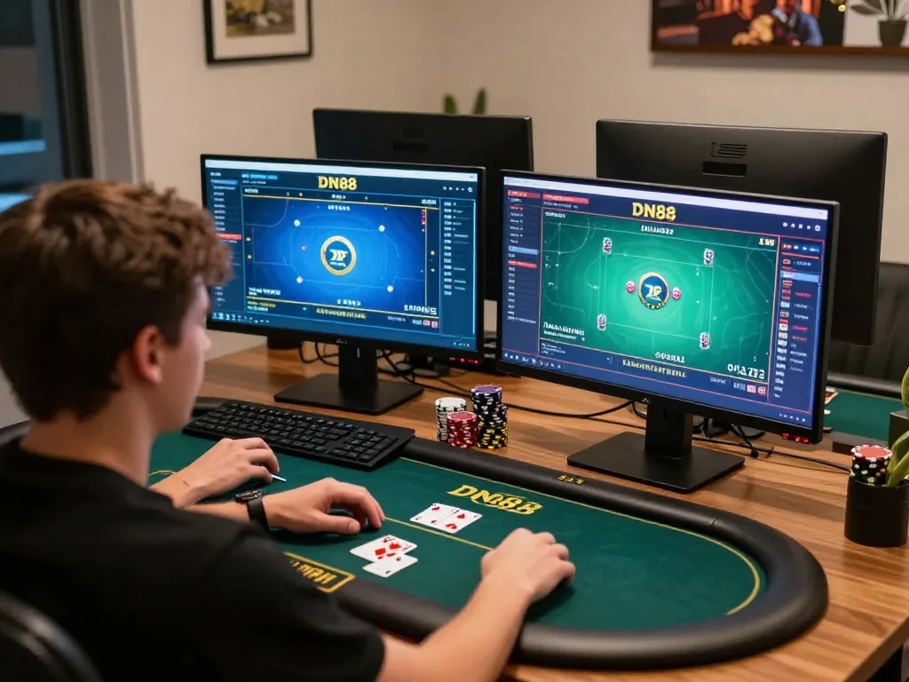 Player engaged in high-stakes poker on DN88 at home, emphasizing strategy and excitement in online gambling.