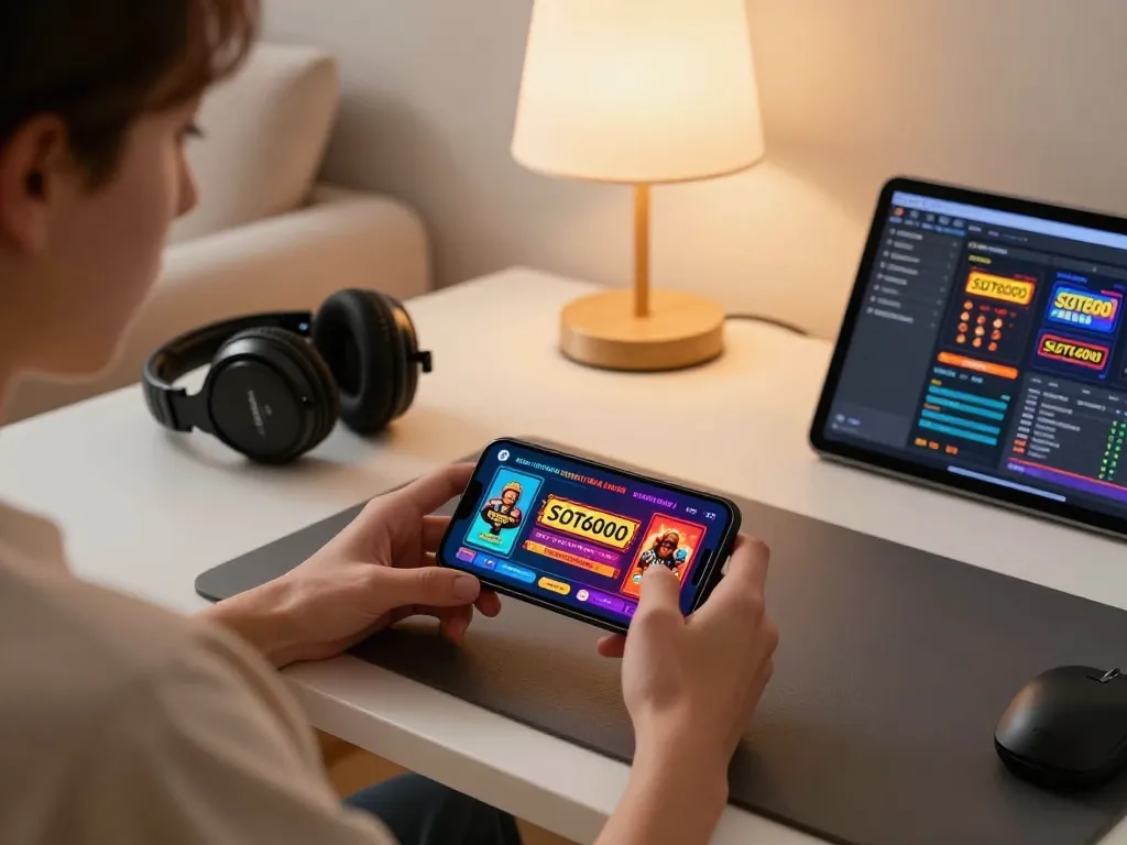 Player enjoying SLOT6000 mobile gameplay in a stylish home setting, emphasizing comfort and strategy.