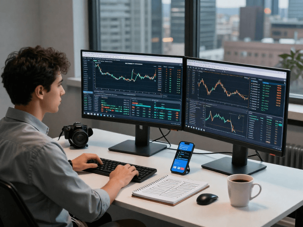 使用MetaTrader 5进行外汇和资产交易的专业交易员工作环境，显示实时图表和分析工具。