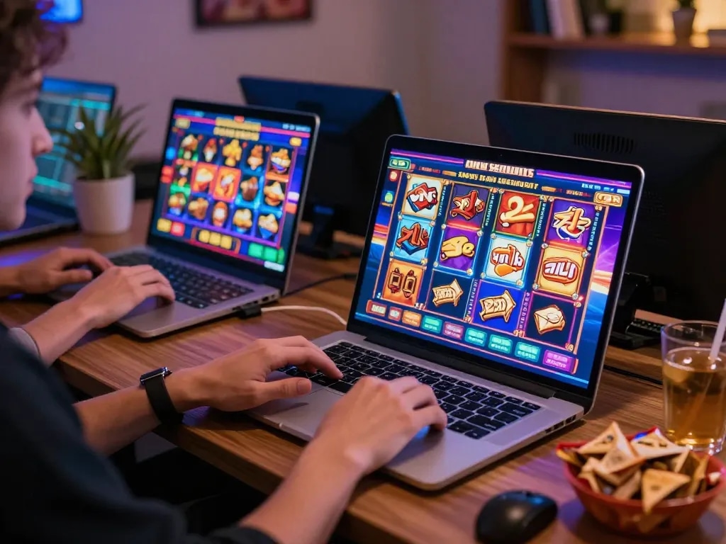 Engaging in exciting สล็อต gameplay on a laptop, showcasing a vibrant online casino atmosphere.