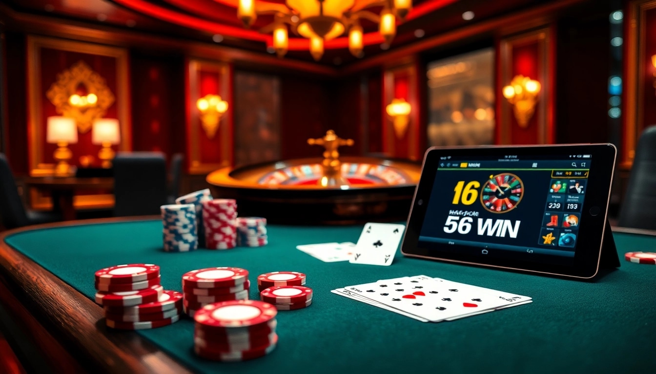 Experience exciting gameplay with Nhà Cái 56WIN at a luxurious casino table filled with vibrant poker chips.