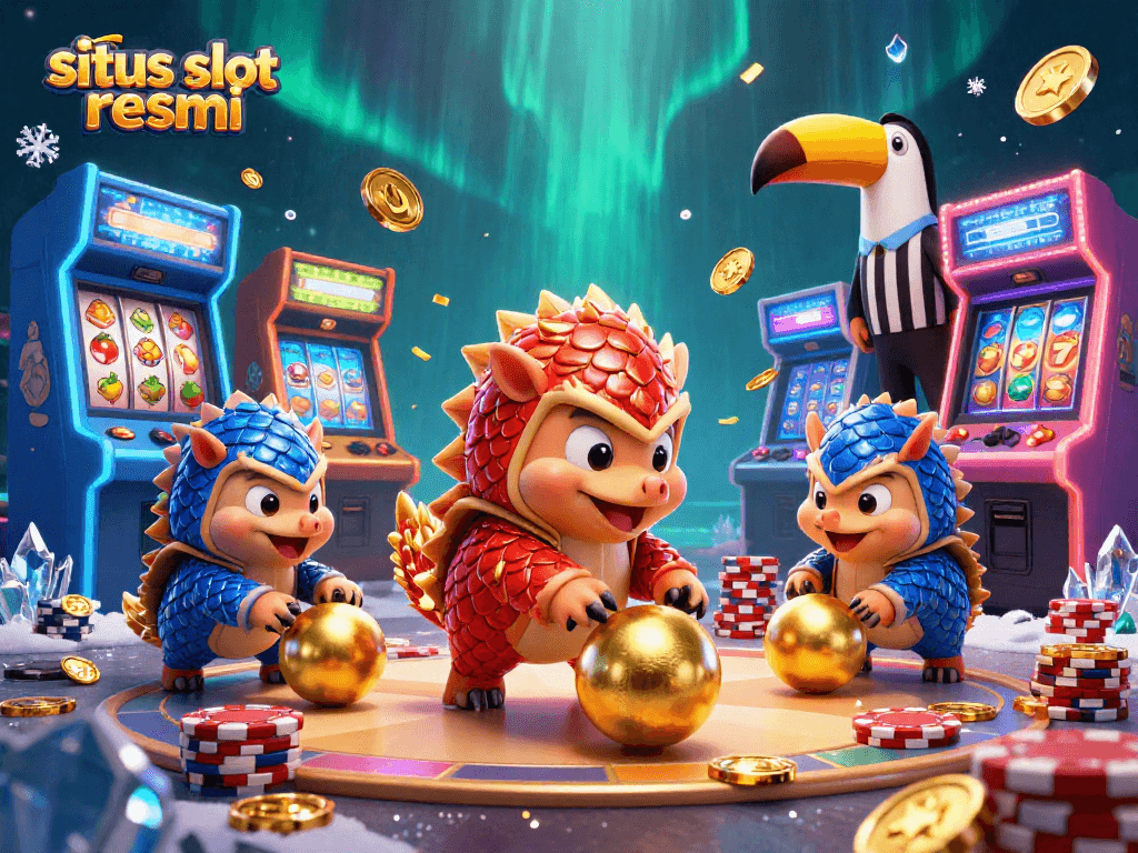 Spin the reels at situs slot resmi with a lively 3D scene featuring rival pangolins and casino elements
