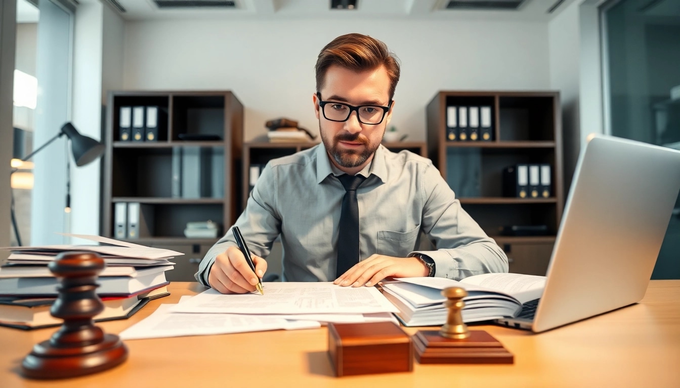 Tłumaczenie przysięgłe: Professional translator focused on legal document translation at a modern office.