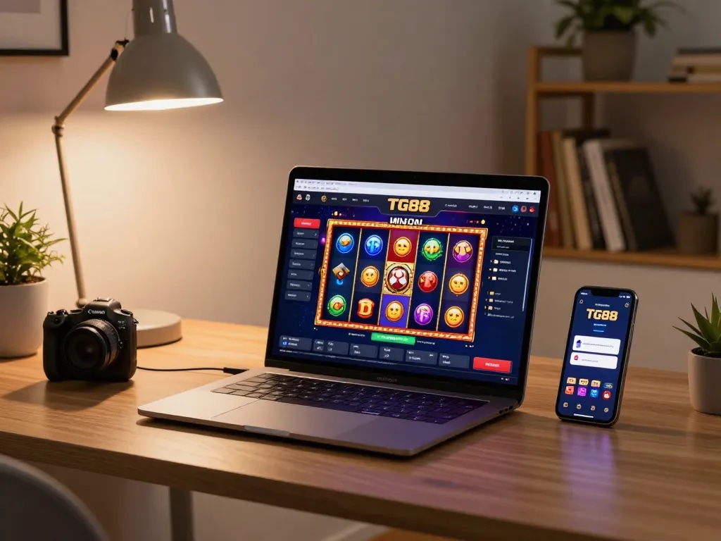 Experience the thrill of online gaming at https://tg88.golf/ with a vibrant slot game displayed on a modern laptop.