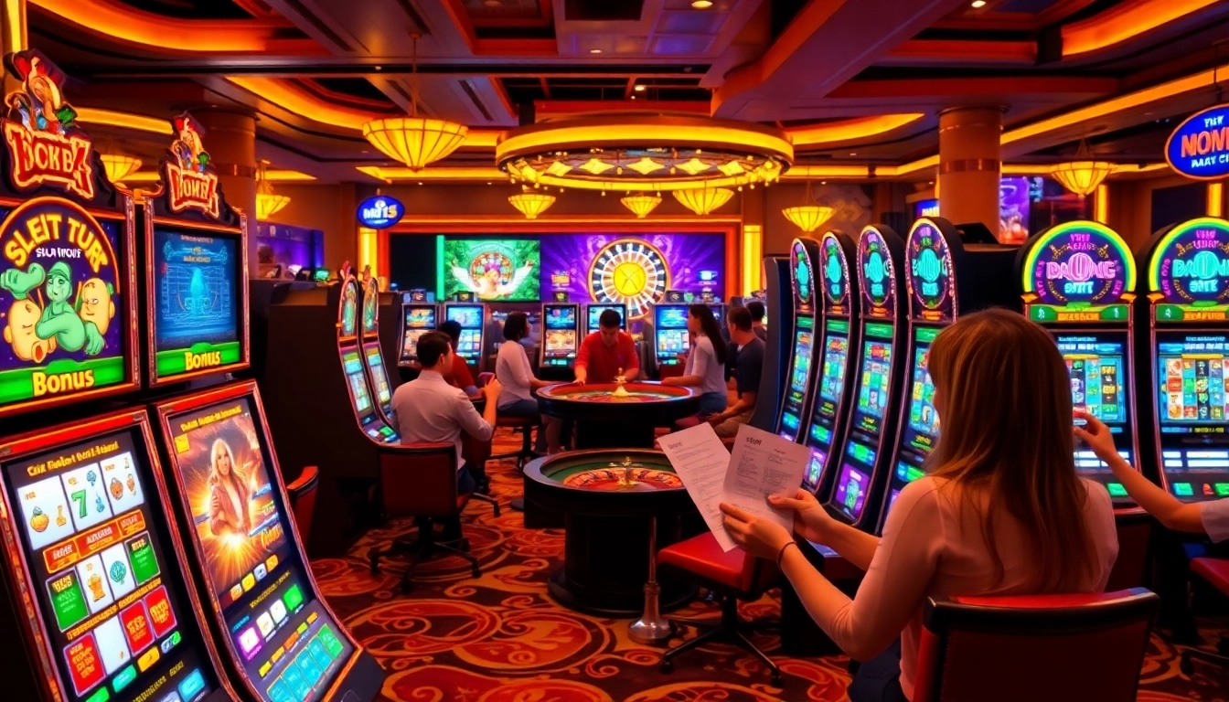 Experience the thrill of slot depo 5rb as players engage with exciting slot machines.