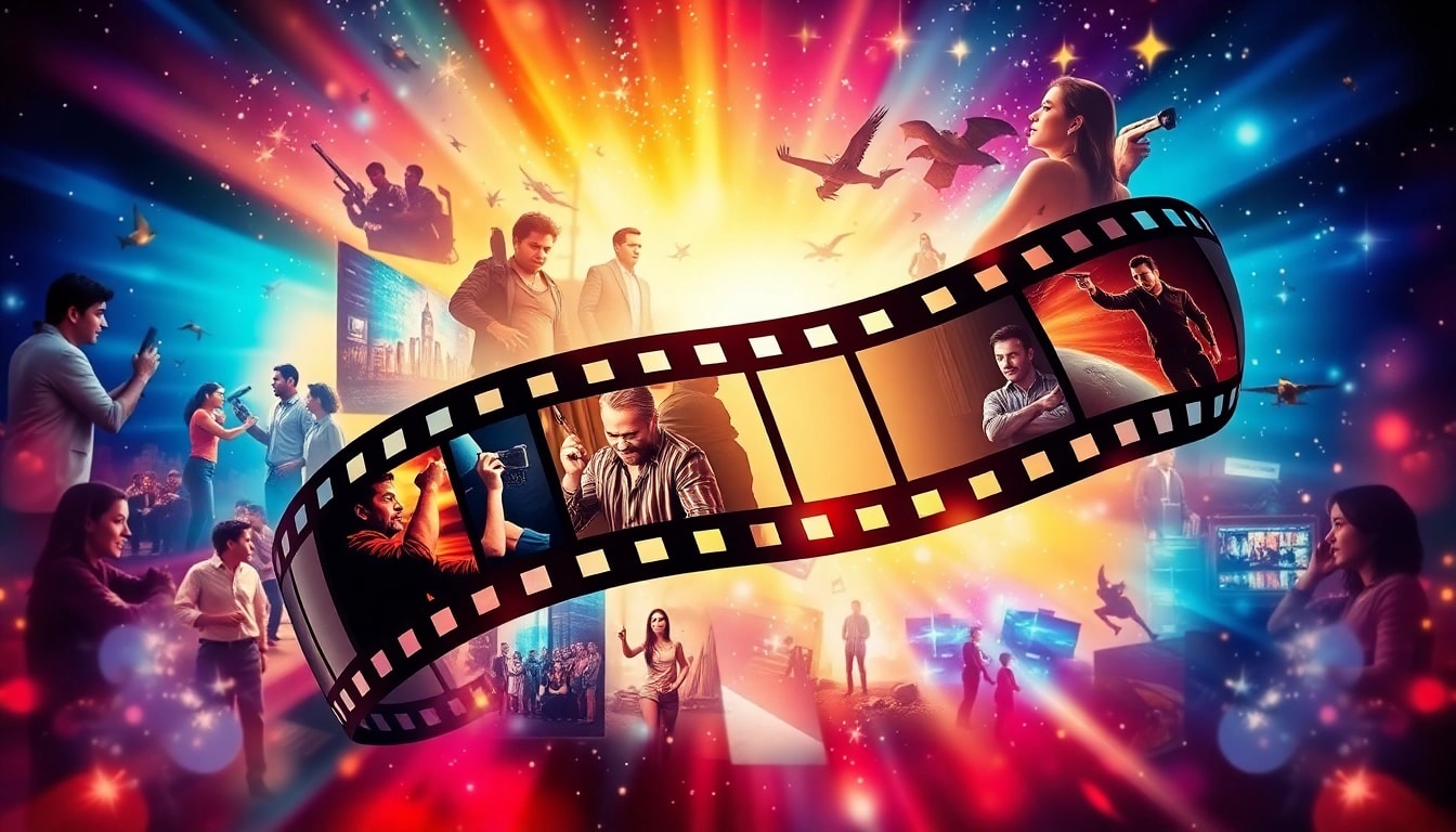 Experience the magic of ดูหนัง with a vibrant collage of iconic movie scenes and film reels.