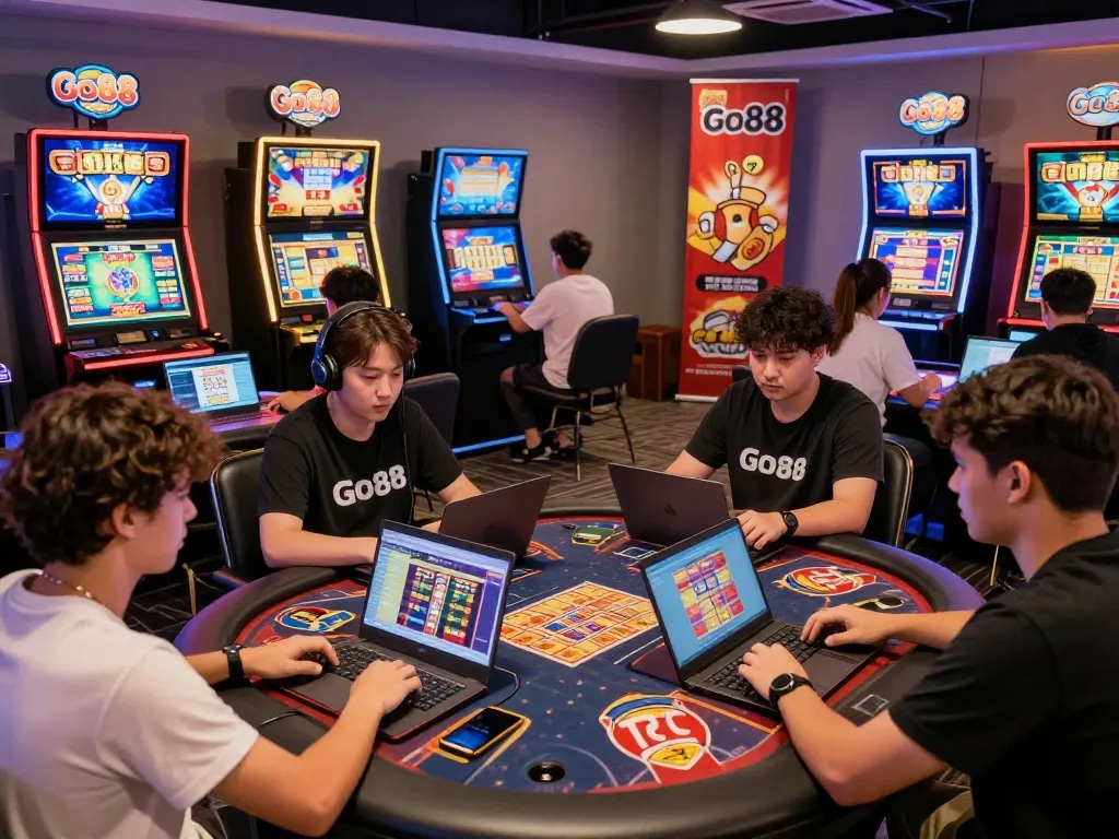 Players enjoying various games on Go88, showcasing diversity and excitement in a modern gaming lounge.
