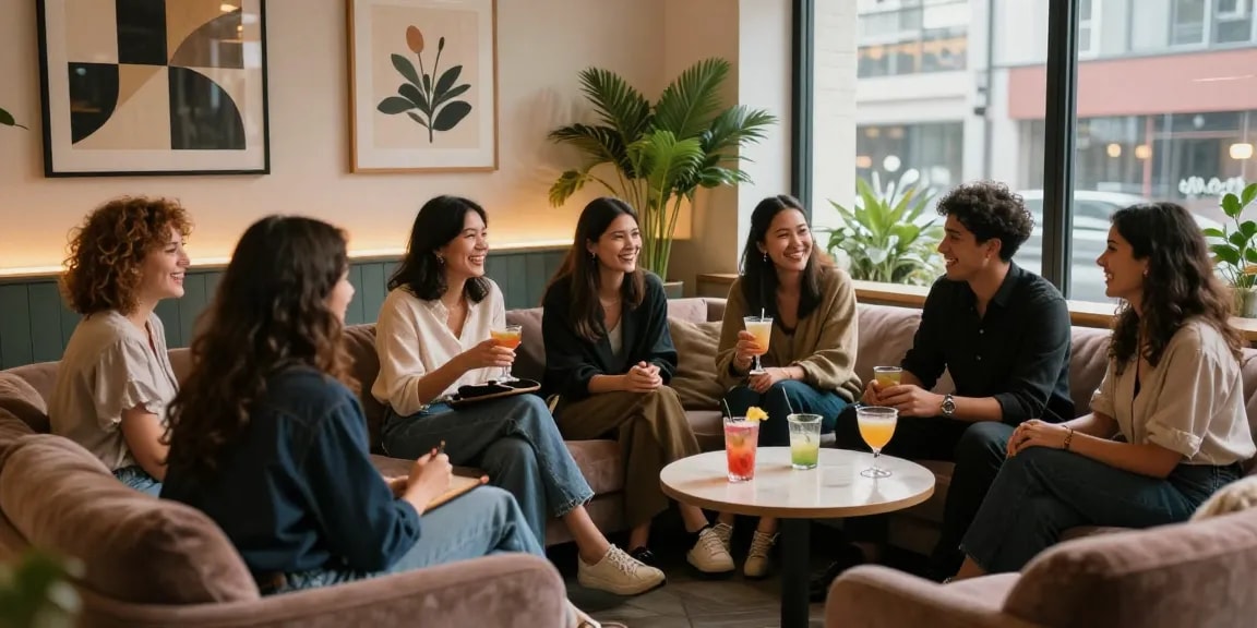 강남쩜오에서 친구들과 함께 즐거운 시간을 보내는 모습, 아늑한 분위기의 라운지.