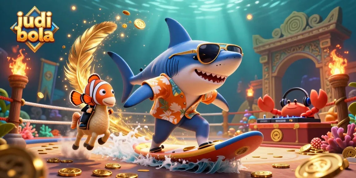 Surfing the gold wave in judi bola action: cartoon shark, seahorse, crab DJ, vibrant casino theme.