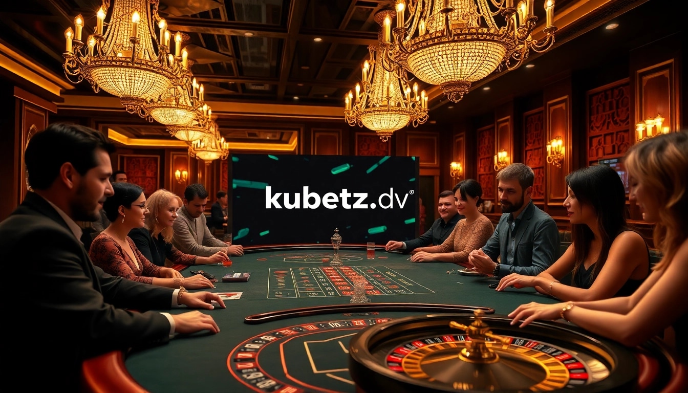 Kubetz.dev online casino experience with diverse players enjoying blackjack and roulette in an elegant setting.