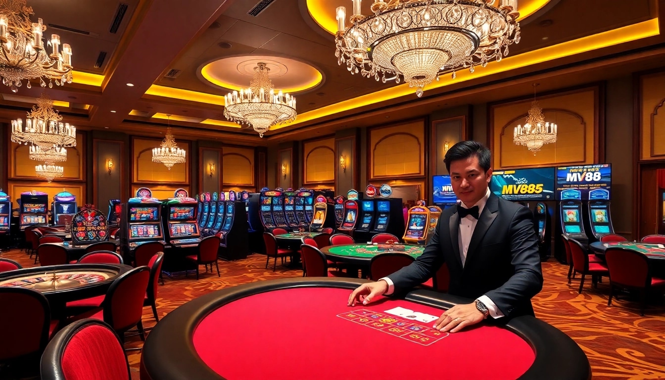 Exciting gambling scene at MV88 with roulette and poker tables featuring professional dealers.