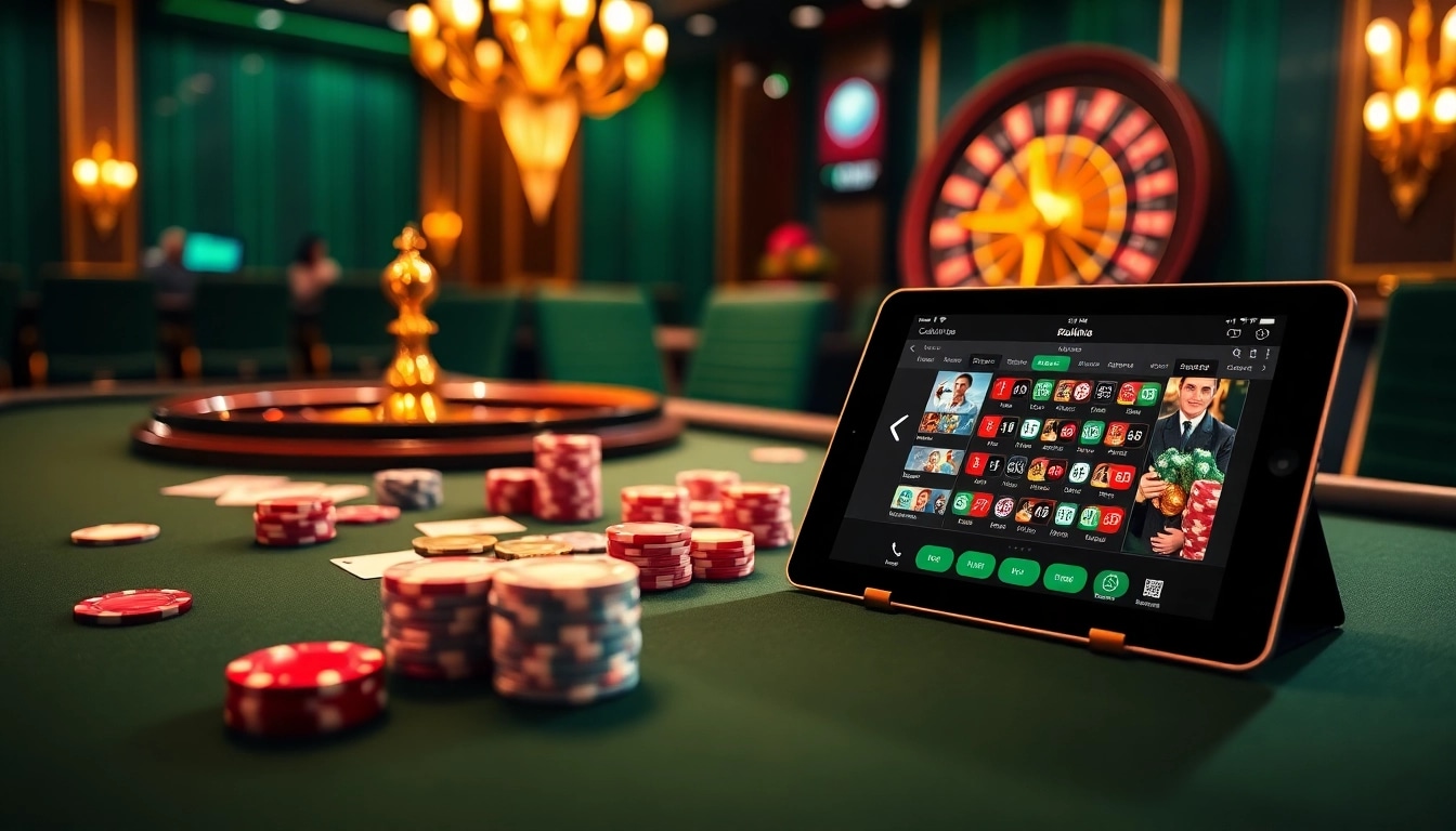 Gambling action at go 99 with poker chips and a roulette wheel in an upscale casino.