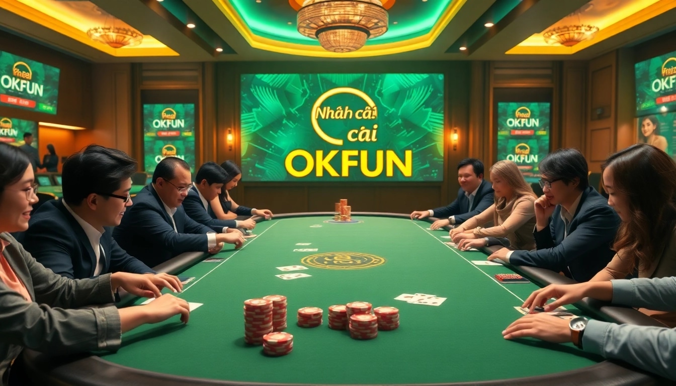 Experience the excitement at Nhà cái OKFUN with thrilling poker games at a luxury casino table.