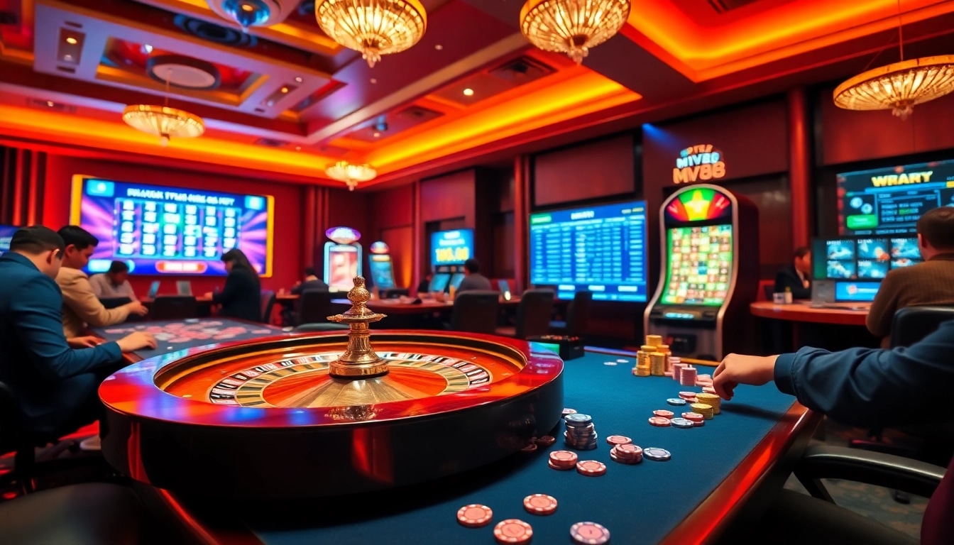 Experience engaging gameplay at MV88 casino with vibrant poker tables and exciting bets.