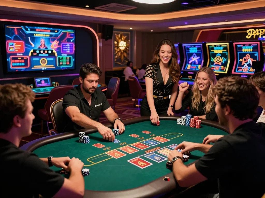 Live casino gaming scene featuring intense players at https://bong99.pro/ engaging in card games and celebrating wins.