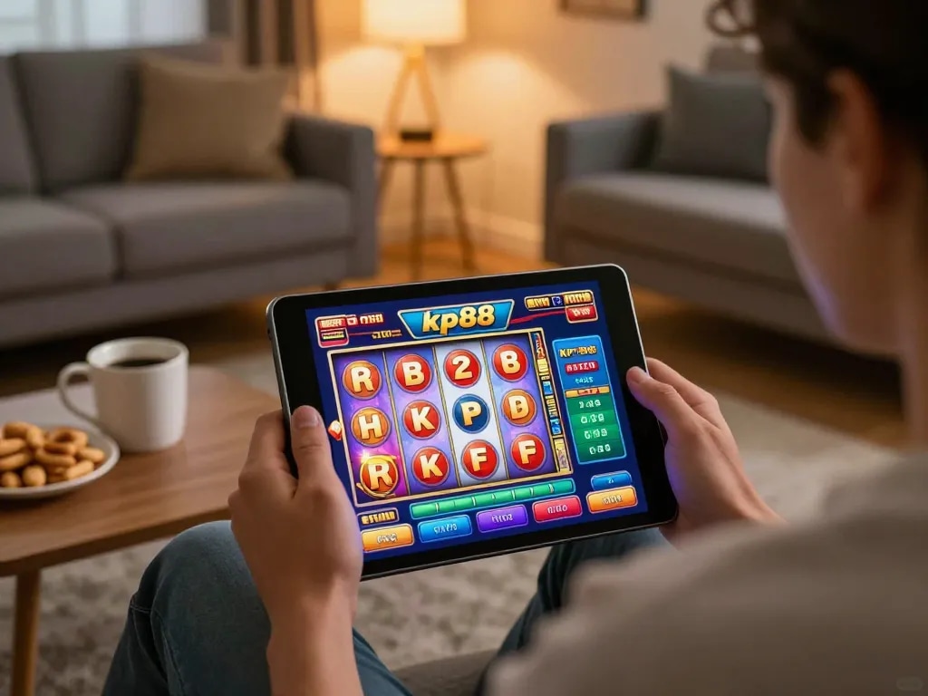Person enjoying a thrilling gaming session on kp88 with colorful online slots displayed on a tablet.