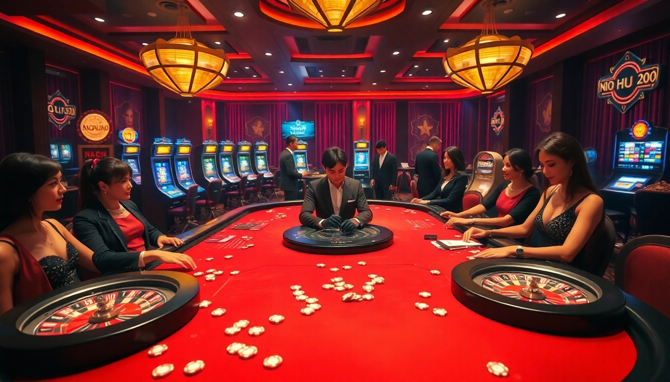 Players engaged in a thrilling game at the NOHU90 online casino, featuring vibrant tables and chips.