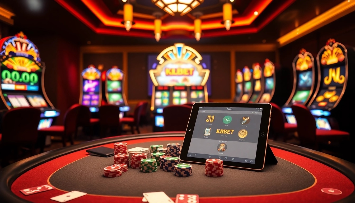 Experience the thrill of betting with the KBBET app showcased at a luxury casino.