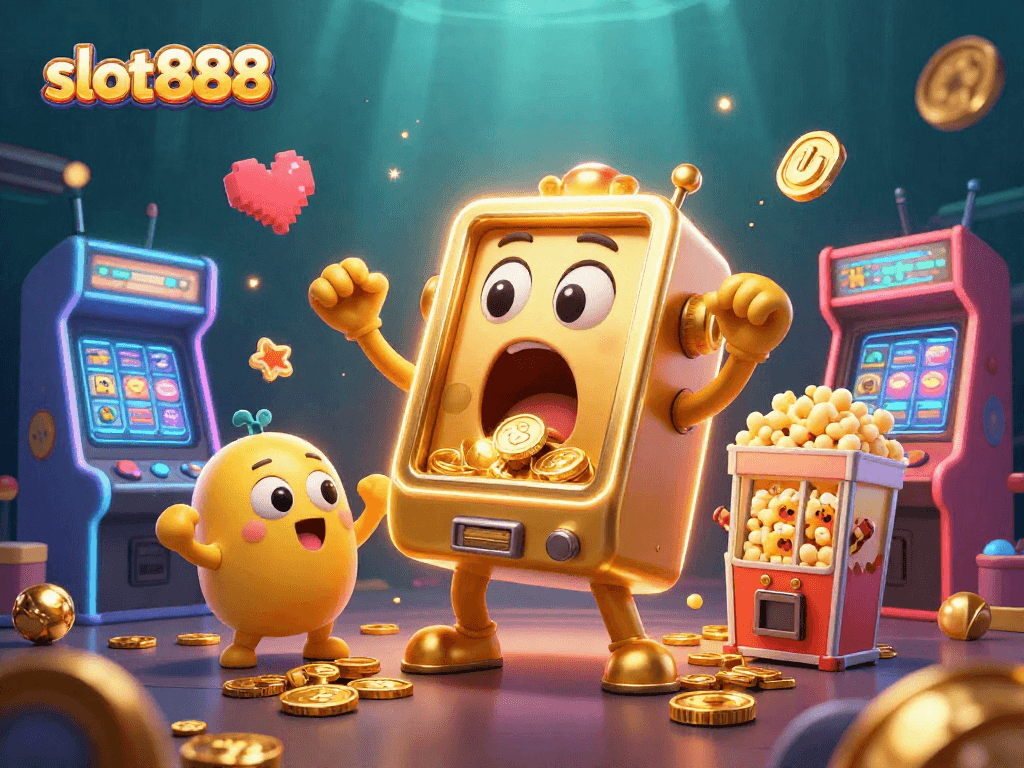 Slot888 menampilkan mesin slot emas yang meriah dengan jackpot dan koin berhamburan, penuh aksi menyenangkan.